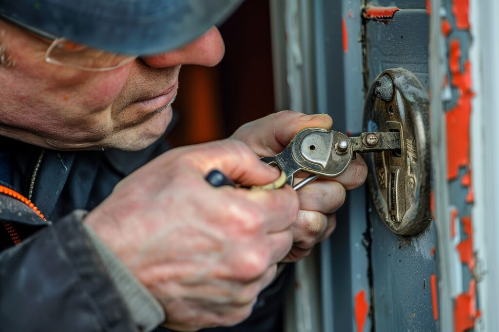 Slotenmaker opent een deur door een cilinderslot te lockpicken met speciaal gereedschap